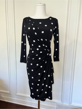 Catherine Malandrino‎ Polka Dot Ruched Jersey Midi Dress Sz XS Old Money